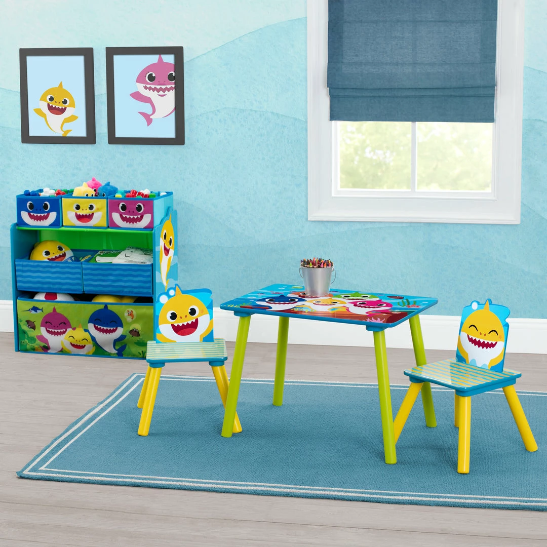 Delta Children Baby Shark 4-Piece Playroom Solution – Set Includes Table And 2 Chairs And 6-Bin Toy Organizer 3 Delta Children Baby Shark 4-Piece Playroom Solution – Set Includes Table And 2 Chairs And 6-Bin Toy Organizer